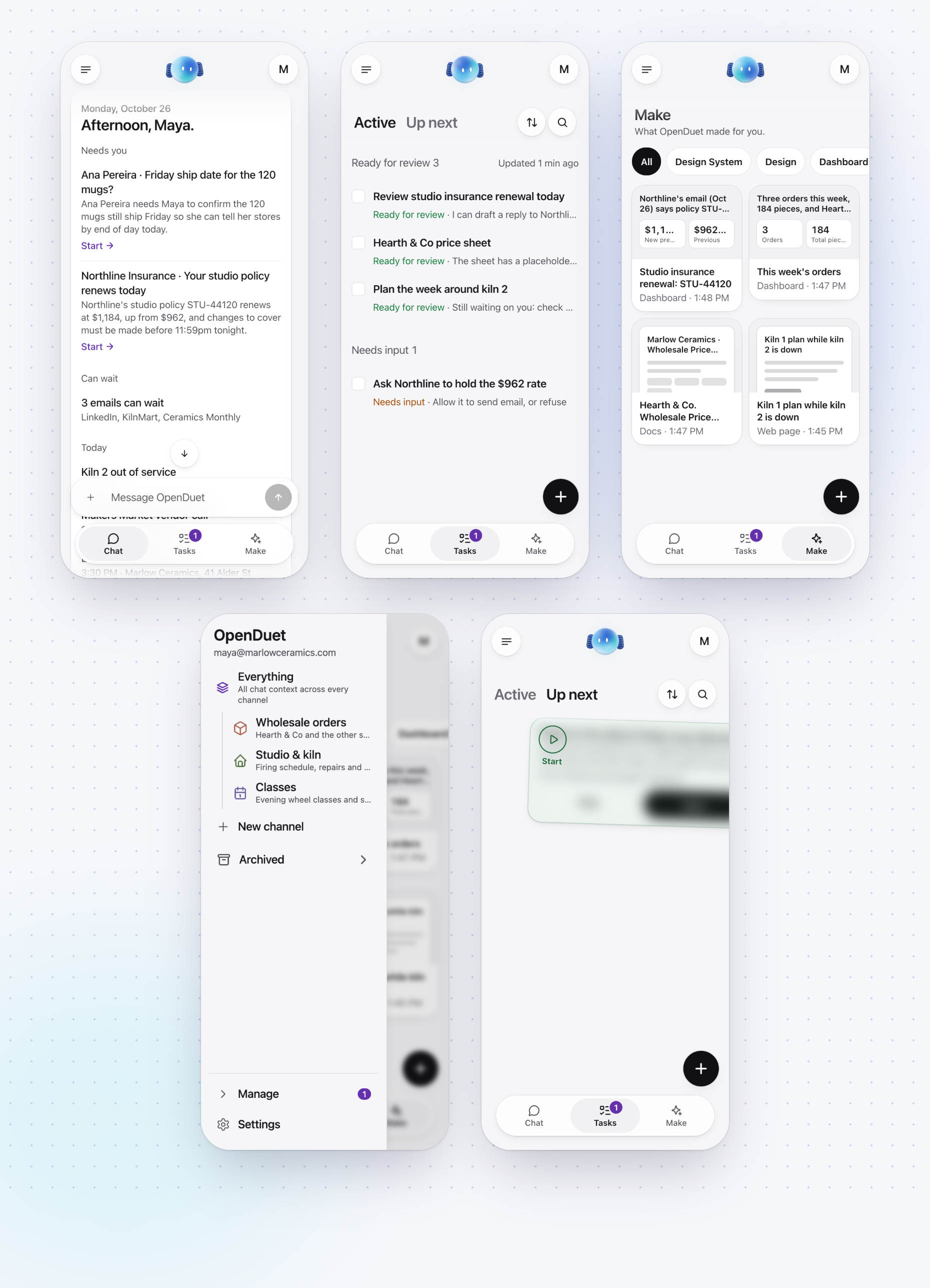 https://github.com/CopilotKit/OpenDuet/blob/HEAD/Five OpenDuet screens on a phone: Chat with the morning brief, Tasks, Make with the pages it made, the side panel listing channels, and a suggested task being swiped right to start it.