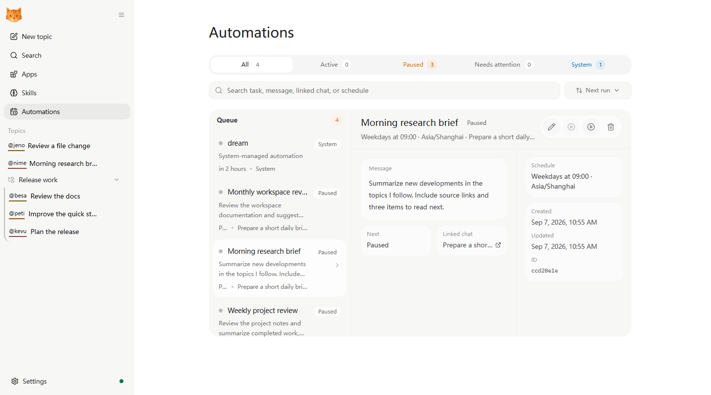 https://github.com/HKUDS/nanobot/blob/HEAD/The Automations view with example recurring tasks, a selected daily brief, its schedule, linked chat, and management controls