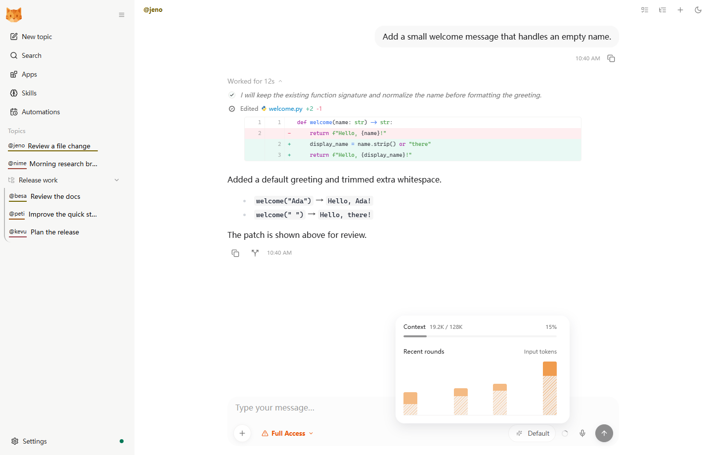 https://github.com/HKUDS/nanobot/blob/HEAD/An expanded file-edit diff above the context usage chart, with input tokens and cache reuse shown across four rounds