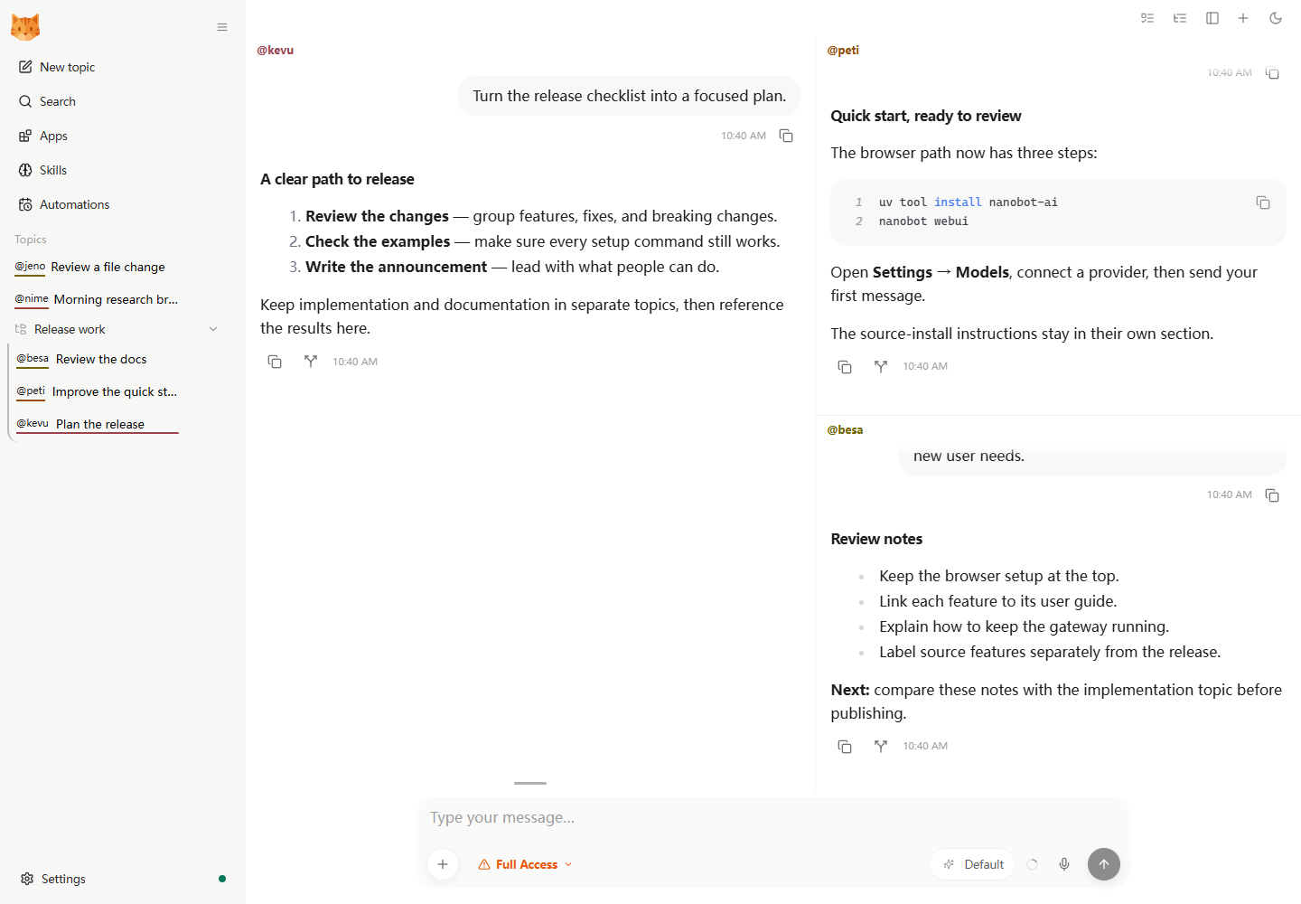 https://github.com/HKUDS/nanobot/blob/HEAD/Three conversations in one workbench: a release plan beside quick-start work and documentation review