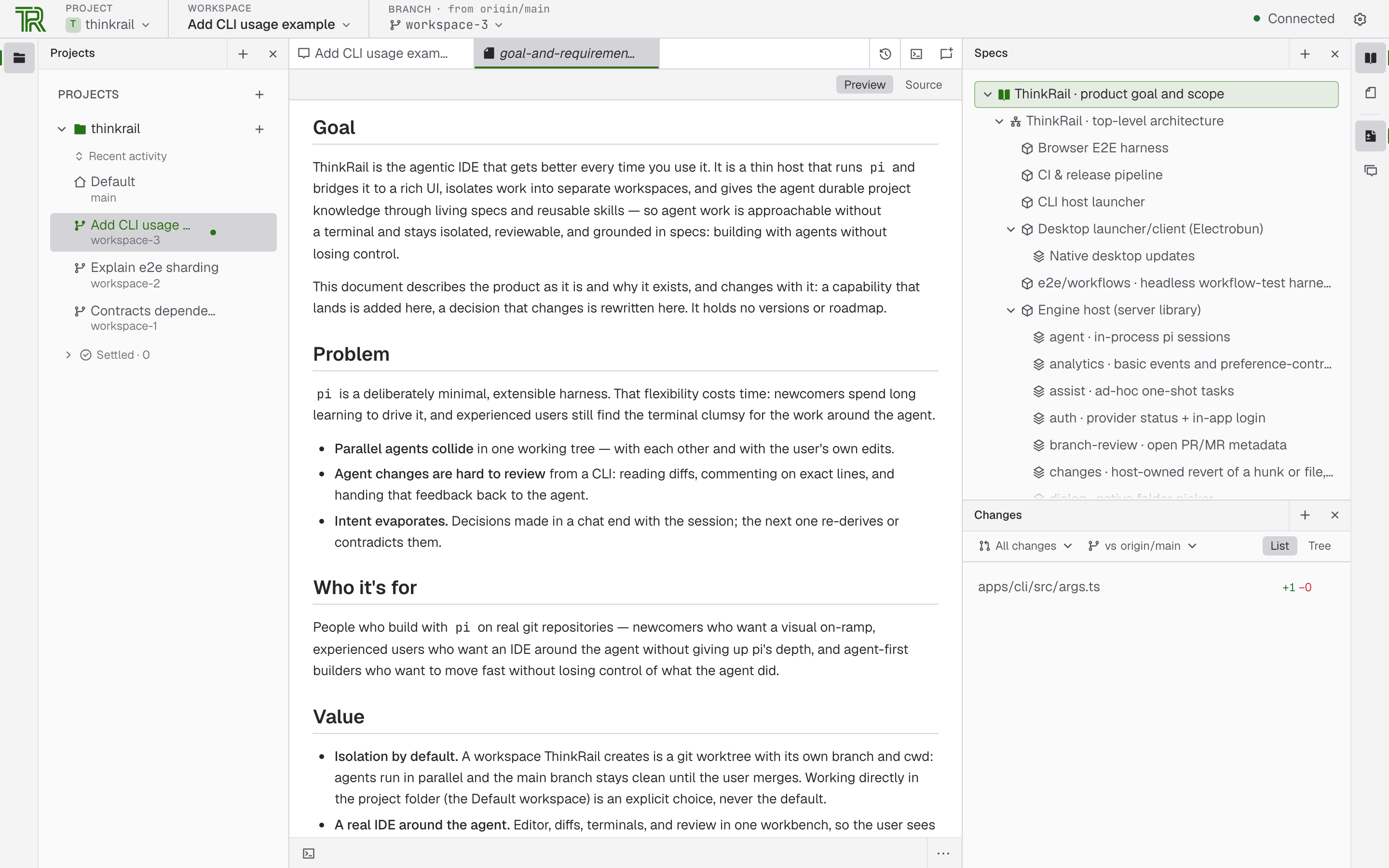 https://github.com/JetBrains/thinkrail/blob/HEAD/The Specs tool, opened from the right edge rail, listing the project's spec tree while the product goal spec is rendered in the editor