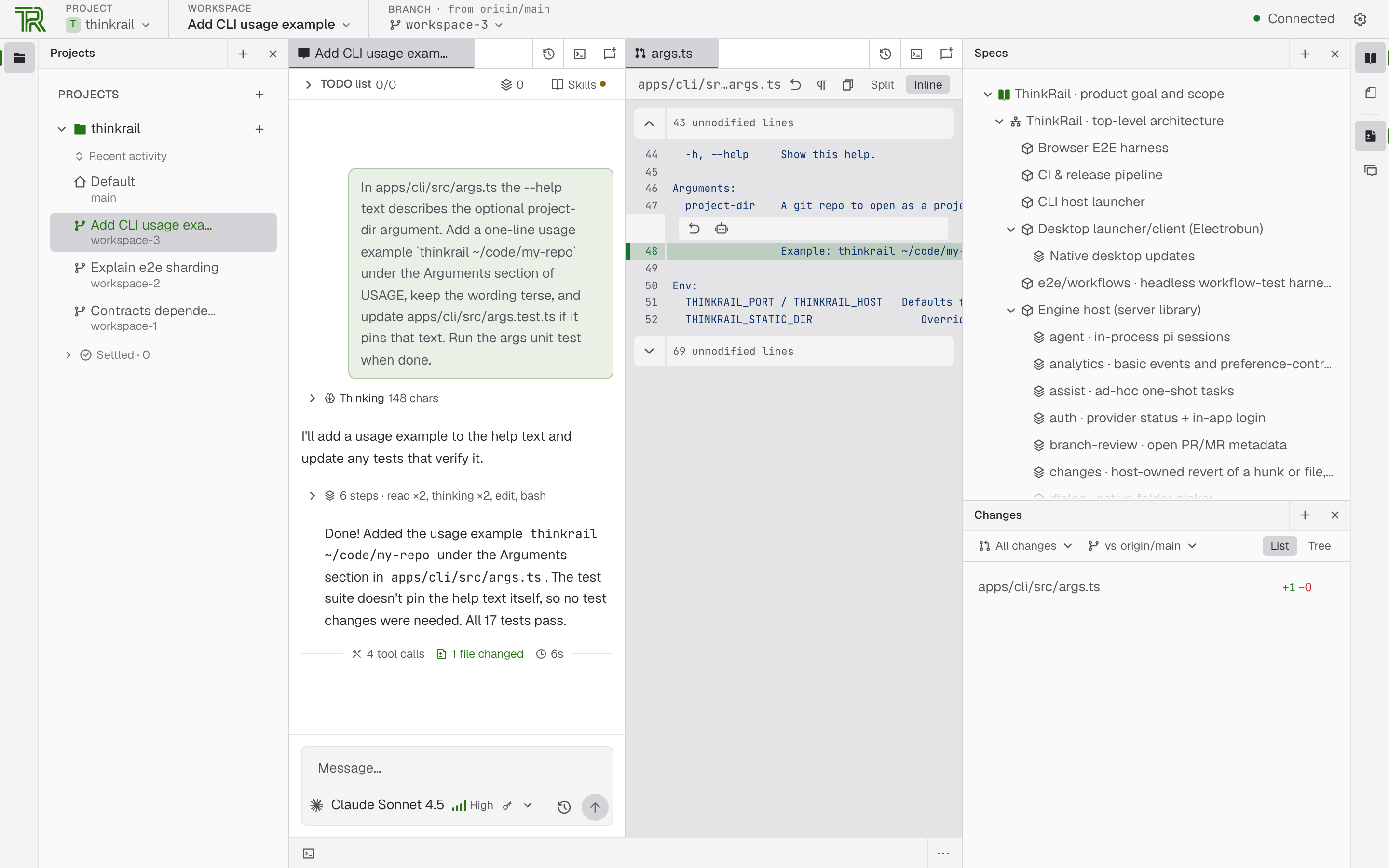 https://github.com/JetBrains/thinkrail/blob/HEAD/ThinkRail workbench: the Projects pane beside the left tool rail listing worktree workspaces and their Settled shelf, a finished pi conversation with its tool steps in the center, the resulting diff beside it, and the Specs tree above the Changes list on the right with their tools on the edge rail