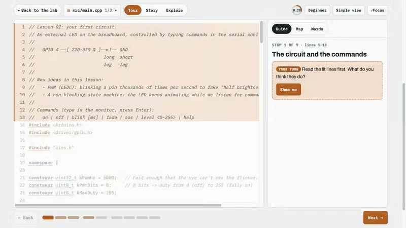 https://github.com/agharsallah/esp-labs-web/blob/HEAD/The code reader: tour stops with guess-first quizzes and new-word cards, then the Story mode following setup()