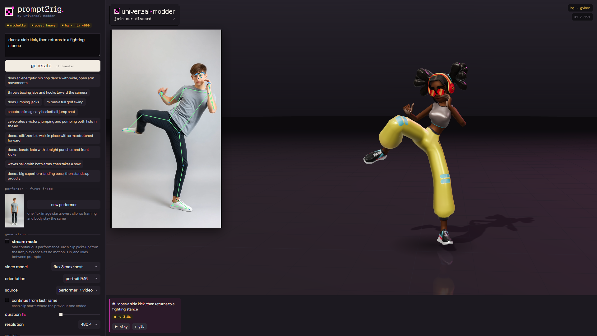 https://github.com/blendi-remade/prompt2rig/blob/HEAD/The prompt2rig app: the generated clip with its pose overlay on the left, Michelle mid side kick on the stage, the take list along the bottom.