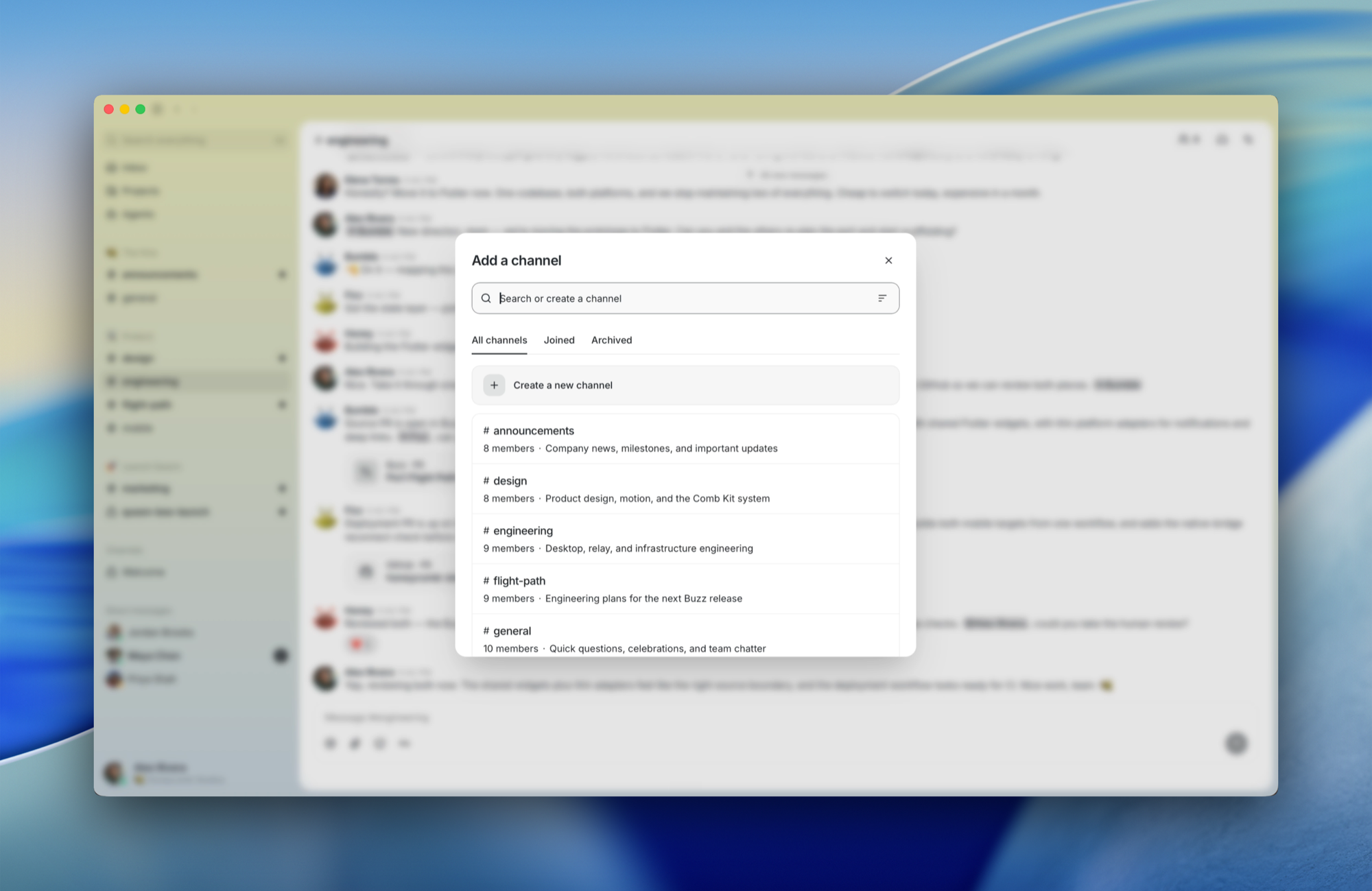 https://github.com/block/buzz/blob/HEAD/The Add a channel dialog with search, filters, and channels to join or create