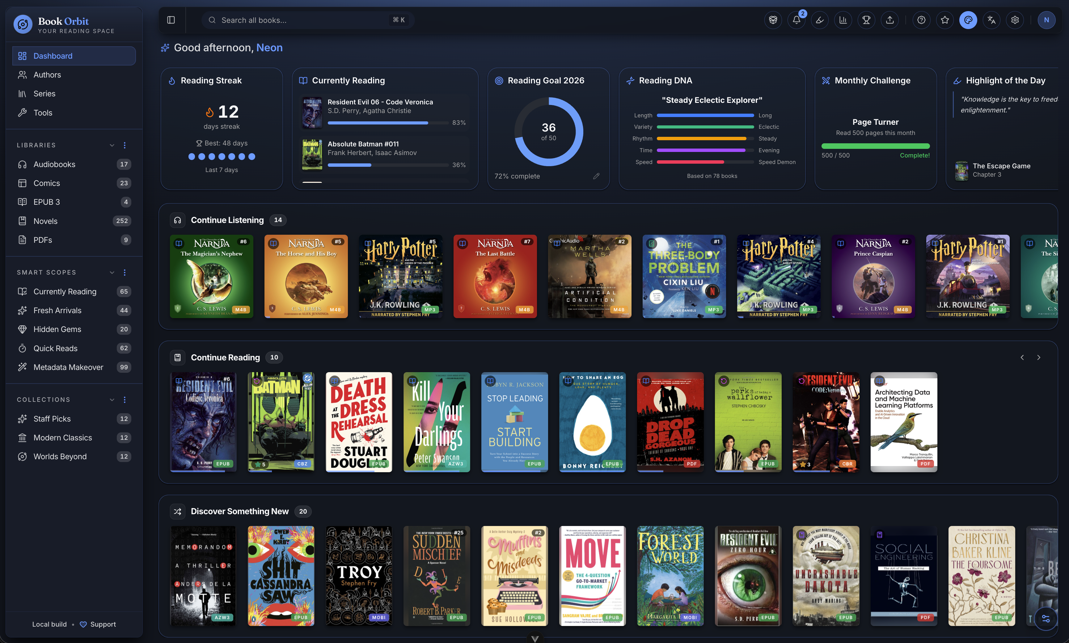 BookOrbit dashboard showing reading stats, widgets, and book shelves
