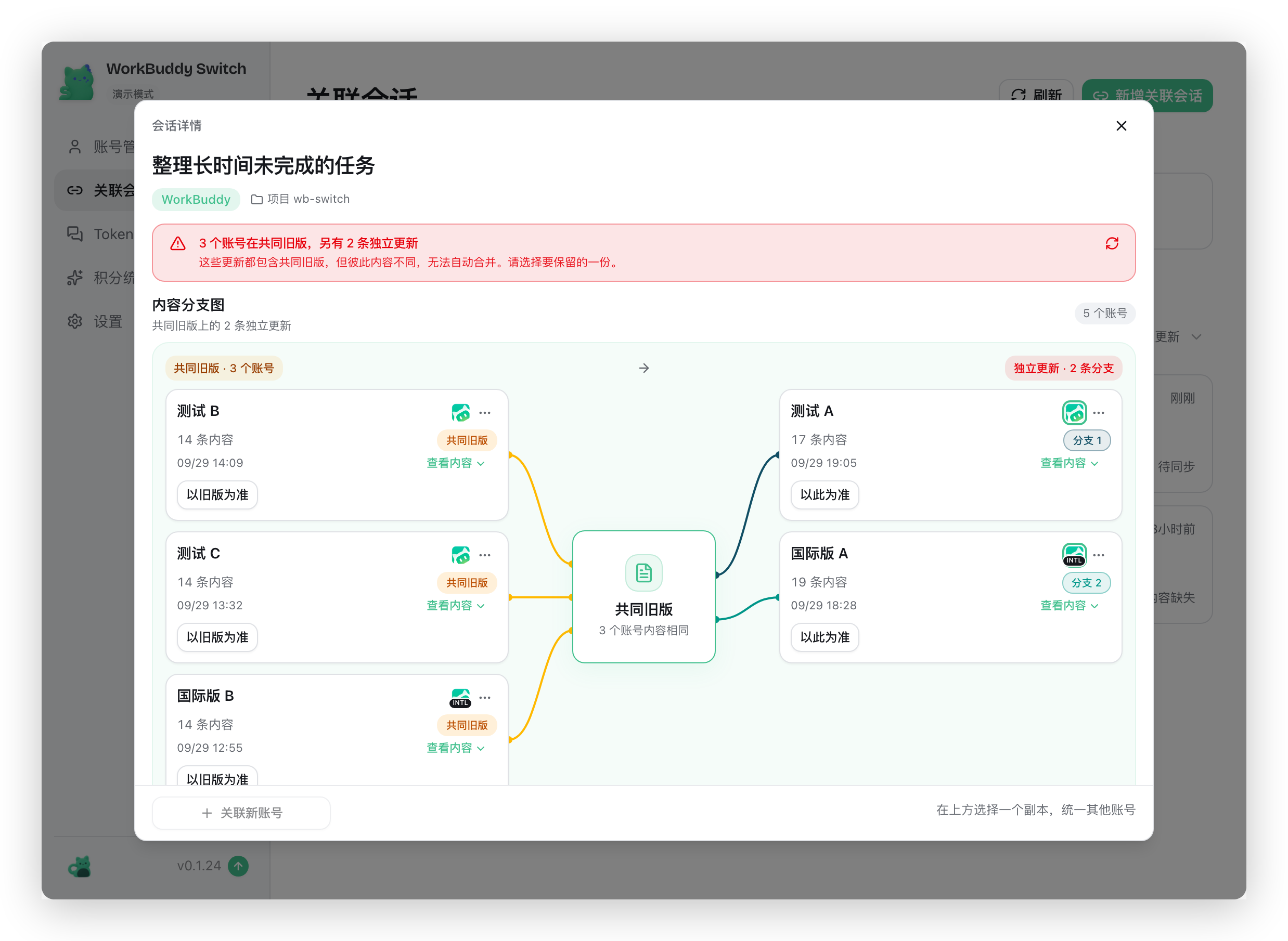 关联会话详情：内容分歧时的分支图