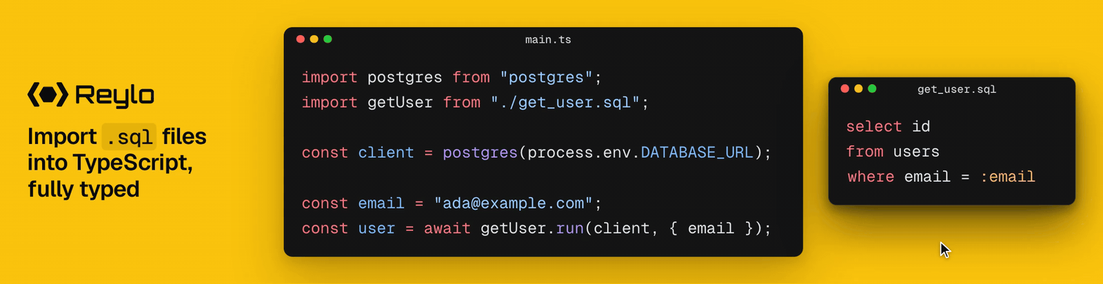 https://github.com/colinhacks/reylo/blob/HEAD/An editor: hovering a query's result shows its type, which follows the SQL as the SQL changes