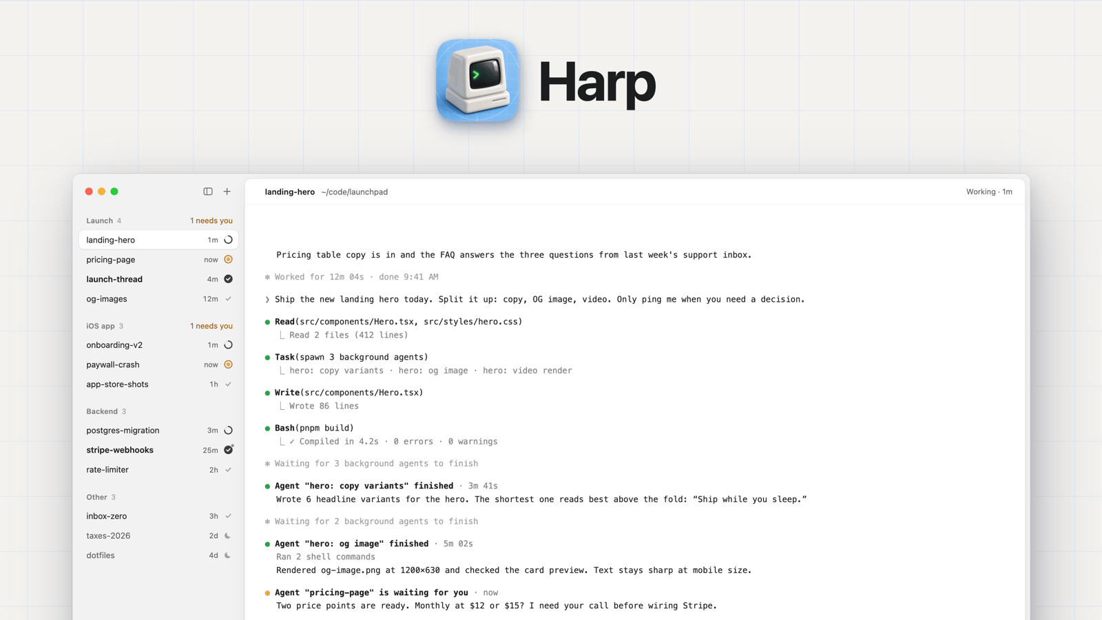 https://github.com/dominikmartn/harp/blob/HEAD/Harp: the app icon and name above a Harp window with sessions grouped in the sidebar and a Claude Code session at work, with agents working, waiting for you, done and set aside