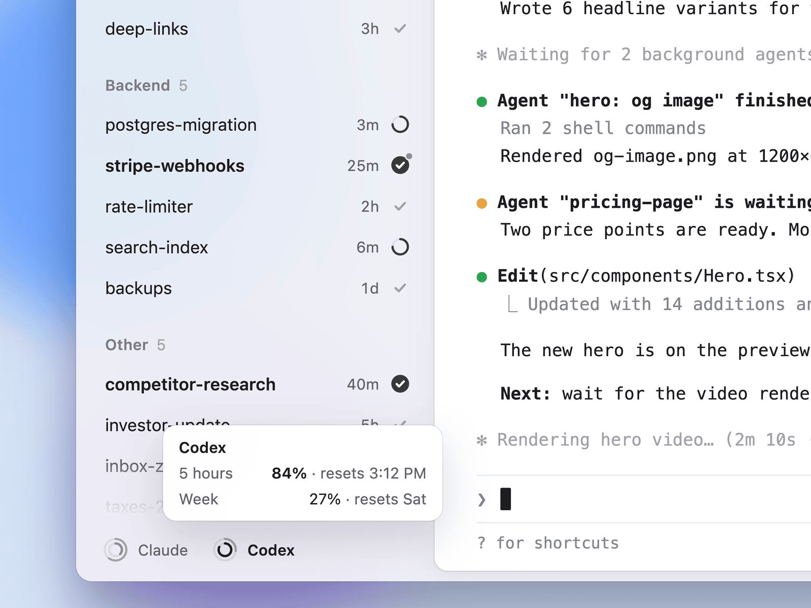 https://github.com/dominikmartn/harp/blob/HEAD/Usage-limit rings for Claude and Codex in the sidebar footer