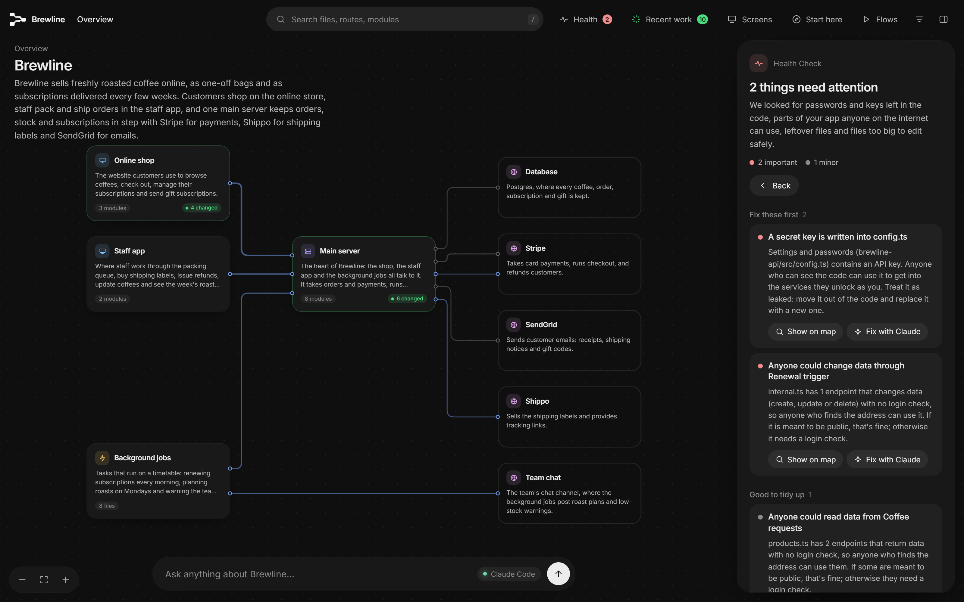 https://github.com/haydenschmitty/floorplan/blob/HEAD/The Health panel listing a secret key written into the code and an endpoint anyone can use, each with Show on map and a Fix button