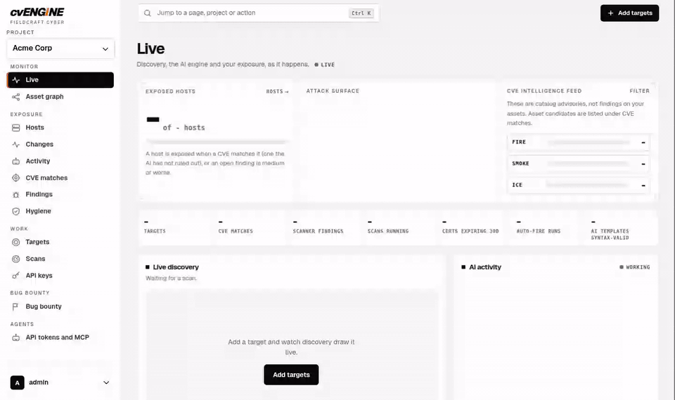 https://github.com/hevnsnt/CVEngine/blob/HEAD/A 30-second tour of cvENGINE: add a domain name, watch it discover every host, port and service, see today's exploited CVEs matched and AI-validated against what you run, hosts ranked with their evidence, and a timeline of every change