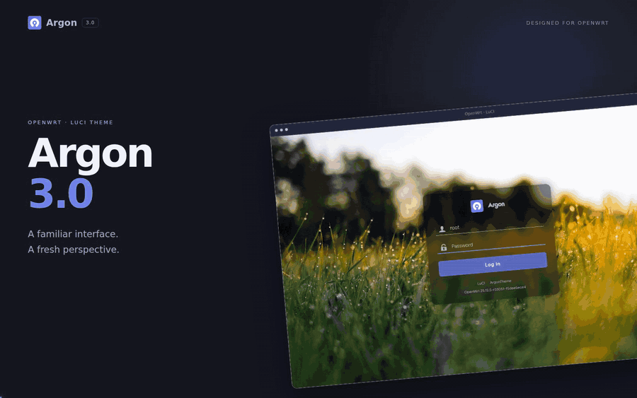 Argon 3.0 desktop demo: two login layouts, light and dark modes, and built-in settings