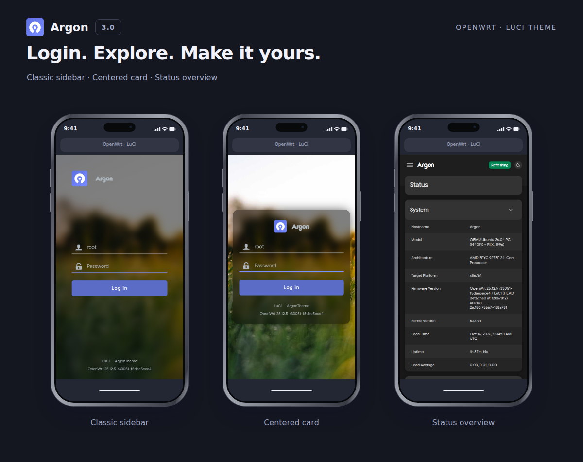 Mobile dark mode: classic login, centered login and overview