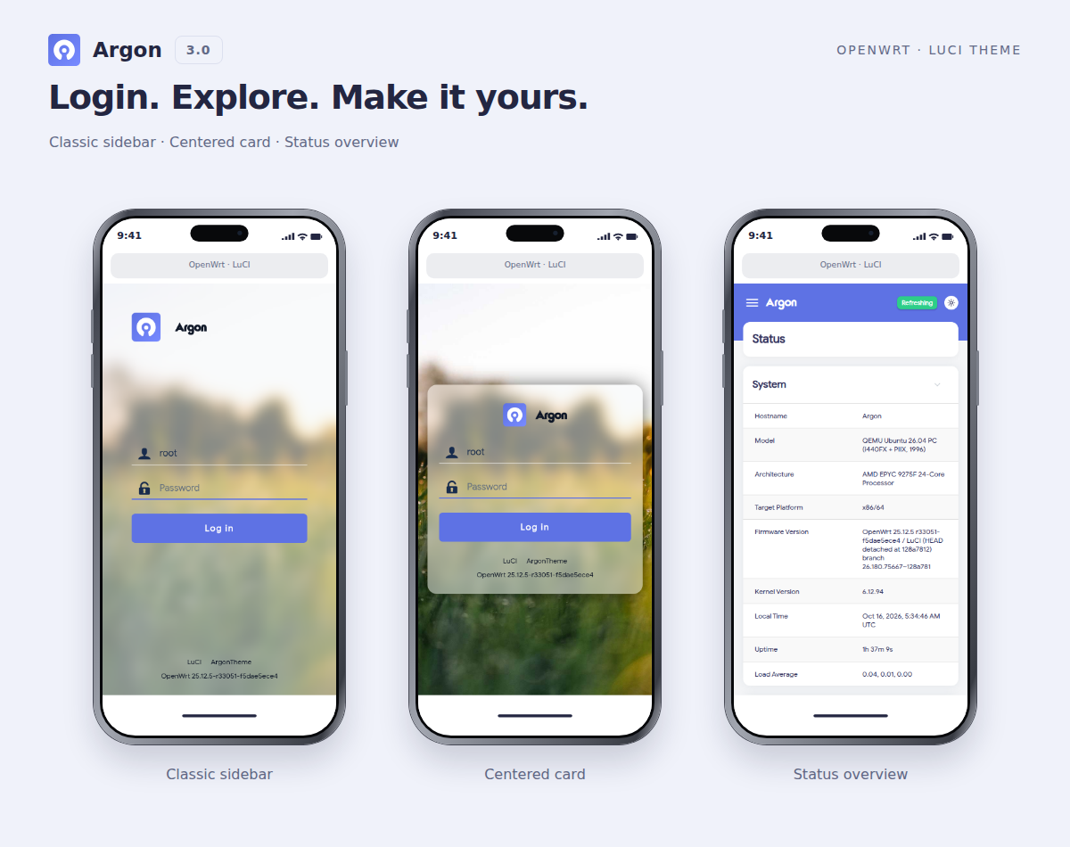 Mobile light mode: classic login, centered login and overview