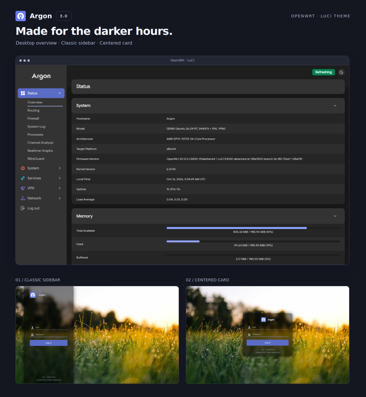 Dark mode: desktop overview, classic and centered login