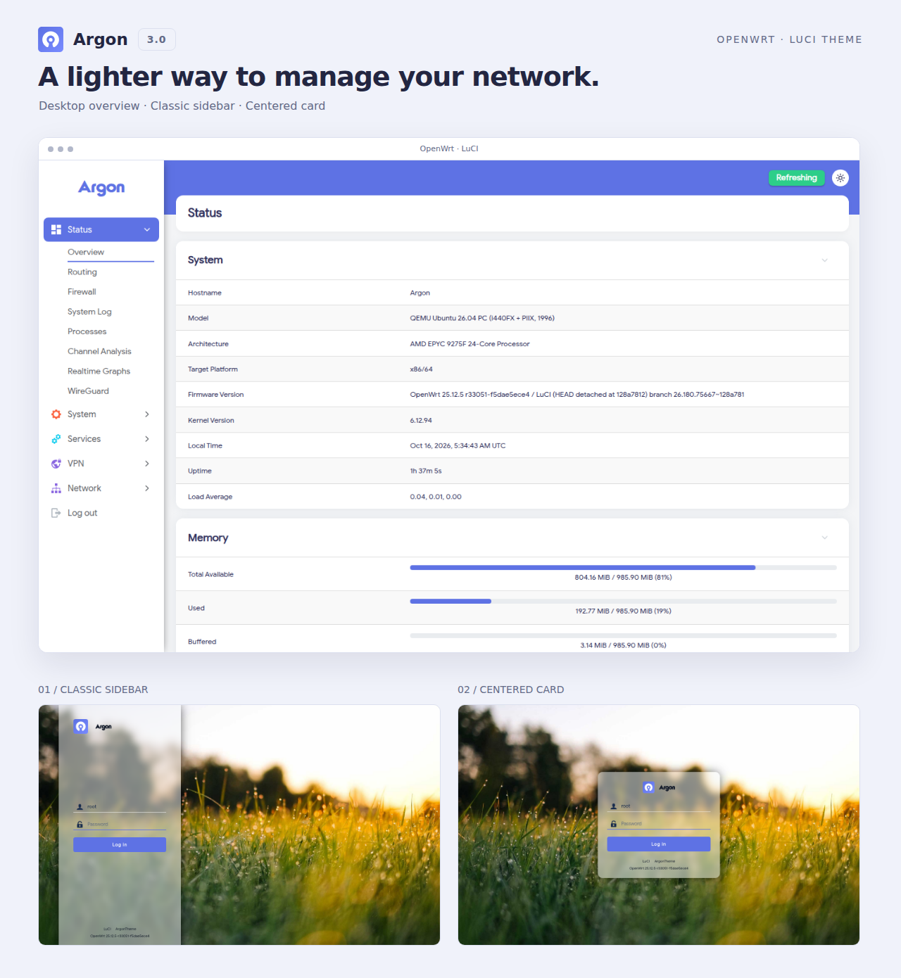 Light mode: desktop overview, classic and centered login