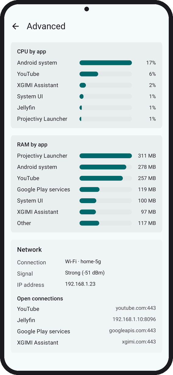 https://github.com/man15h/tellyscope/blob/HEAD/Advanced monitor: CPU and RAM by app, the TV's network connection, and the apps' open connections