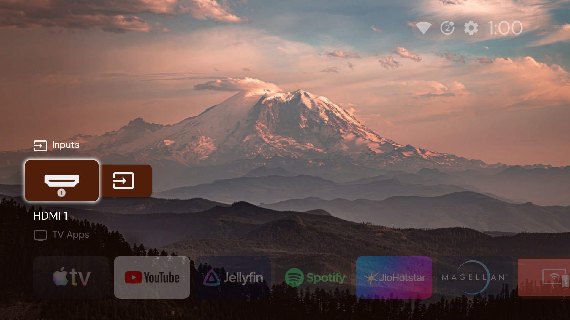 https://github.com/man15h/tellyscope/blob/HEAD/A TV home screen after debloating: the inputs and the user's own apps, with no ads or suggestions