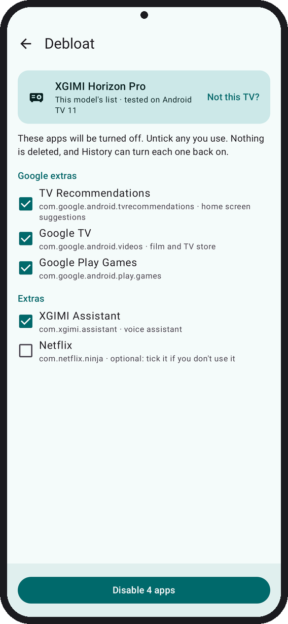 https://github.com/man15h/tellyscope/blob/HEAD/Debloat: the TV's model on top, then the apps it will turn off, each with its package name