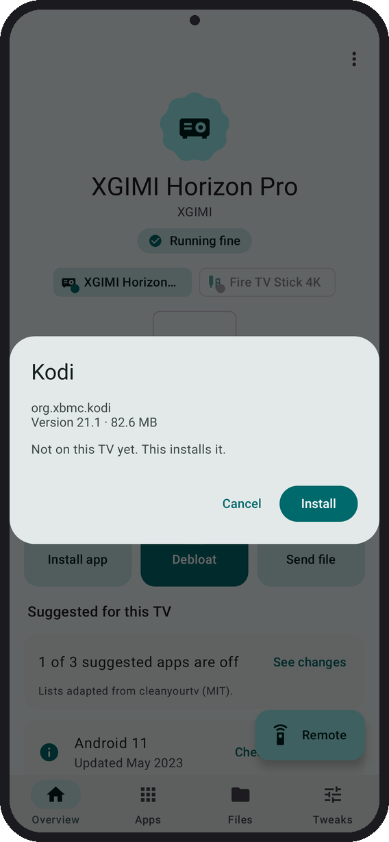 https://github.com/man15h/tellyscope/blob/HEAD/Installing Kodi on the TV from an APK on the phone: the dialog says it is not on this TV yet