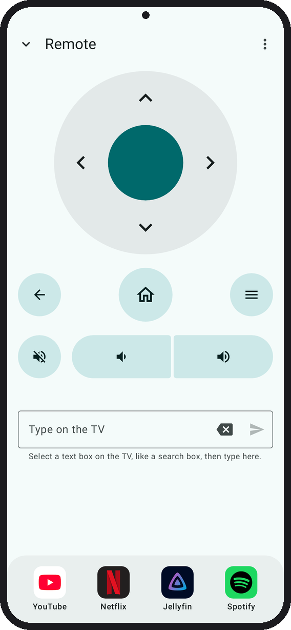 https://github.com/man15h/tellyscope/blob/HEAD/The Remote: Screen off and Restart under a menu in the top bar, a D-pad, icon keys for Back, Home, Menu, mute and volume, typing on the TV with a backspace key, and a dock of four TV apps along the bottom