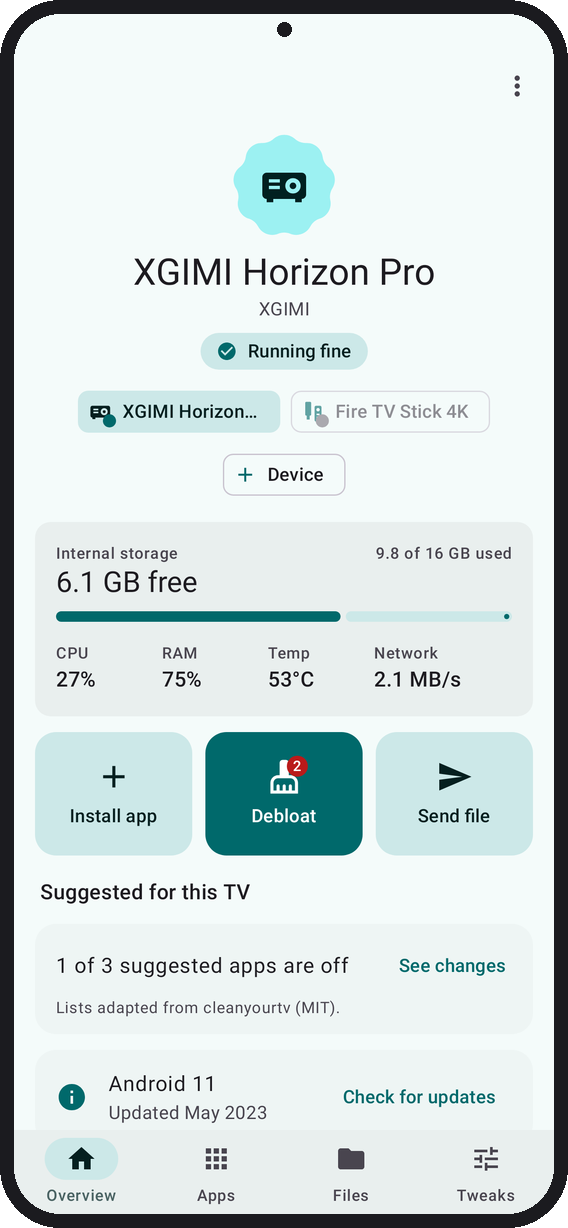 https://github.com/man15h/tellyscope/blob/HEAD/A TV's page: the TV at a glance, its vitals, and the Install, Debloat and Send buttons