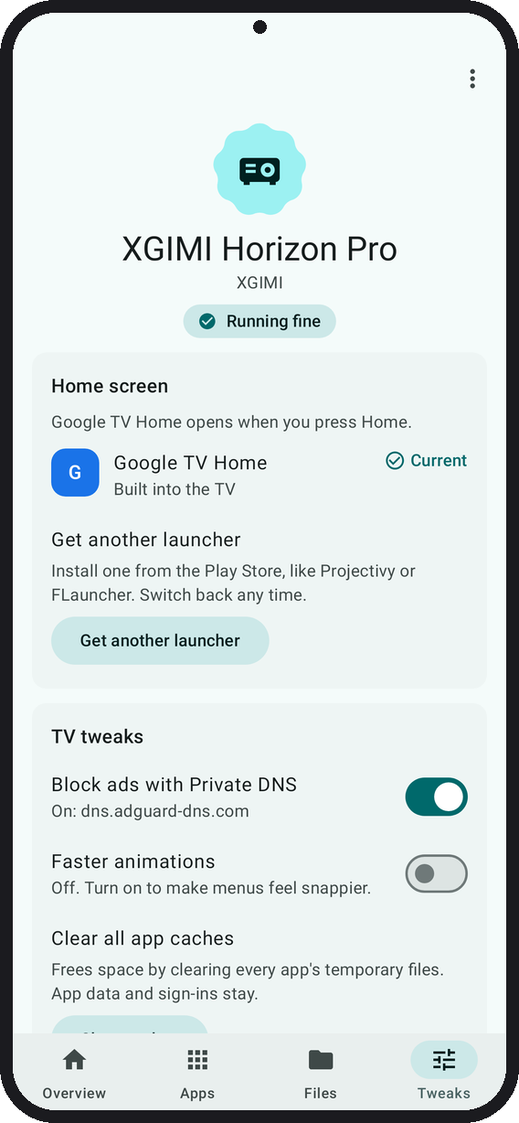 https://github.com/man15h/tellyscope/blob/HEAD/Tweaks: the Home screen card with Google TV Home as Current and Get another launcher, then ad-blocking Private DNS on, faster animations and clear caches