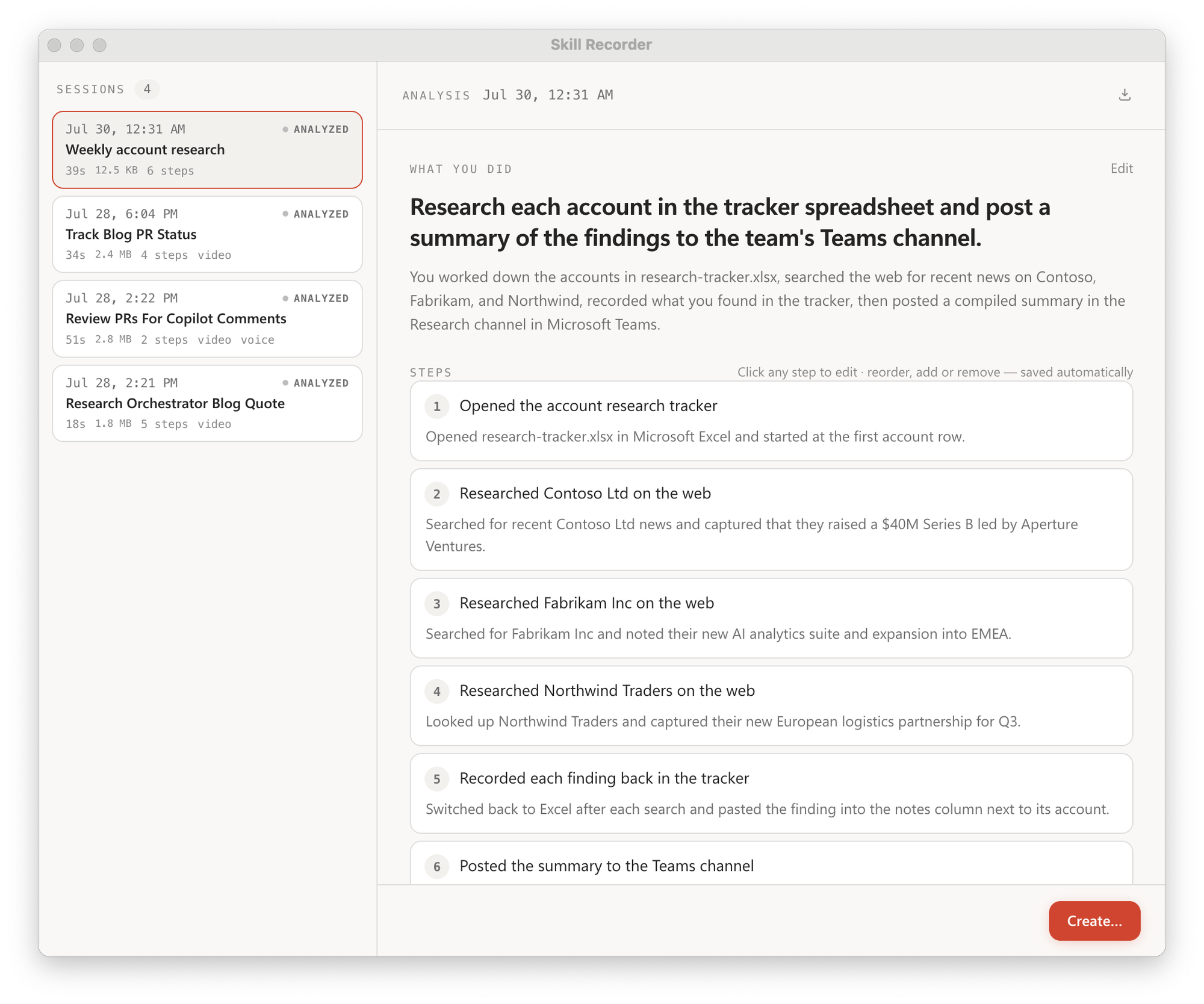 https://github.com/microsoft/skill-recorder/blob/HEAD/Skill Recorder sessions view: recorded sessions on the left, the reconstructed intent and ordered steps on the right
