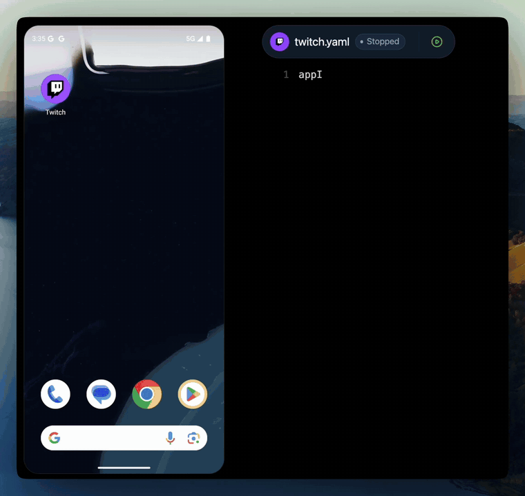 https://github.com/mobile-dev-inc/Maestro/blob/HEAD/A Maestro flow in plain YAML running on the Twitch Android app in an emulator
