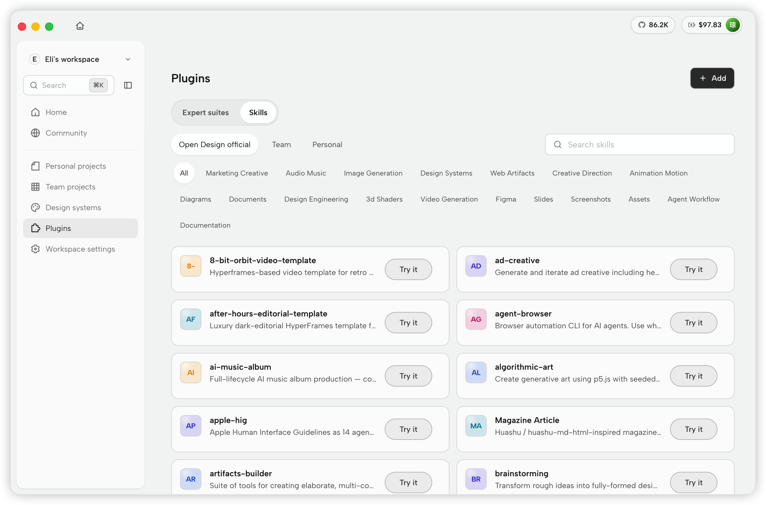 https://github.com/nexu-io/open-design/blob/HEAD/OpenDesign Plugins page showing the official skills catalog