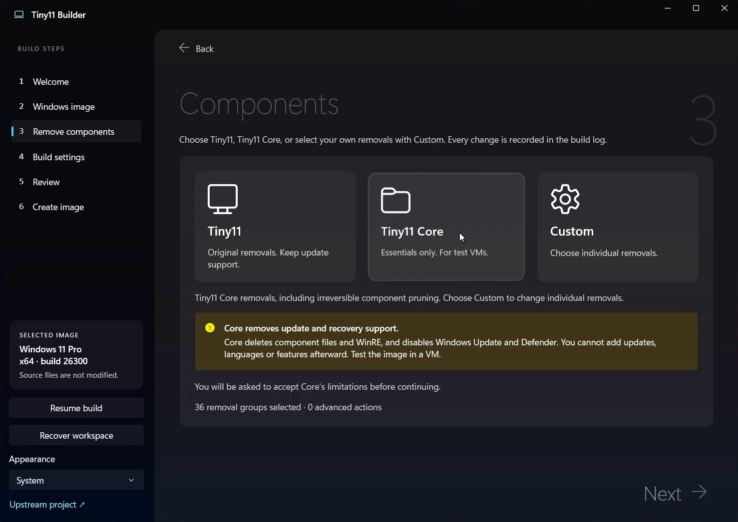 Component choices and the Tiny11 Core warning