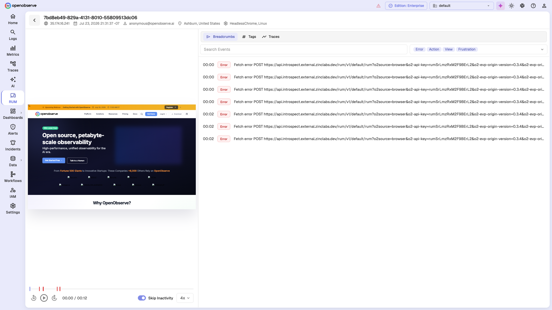 Session replay with event timeline