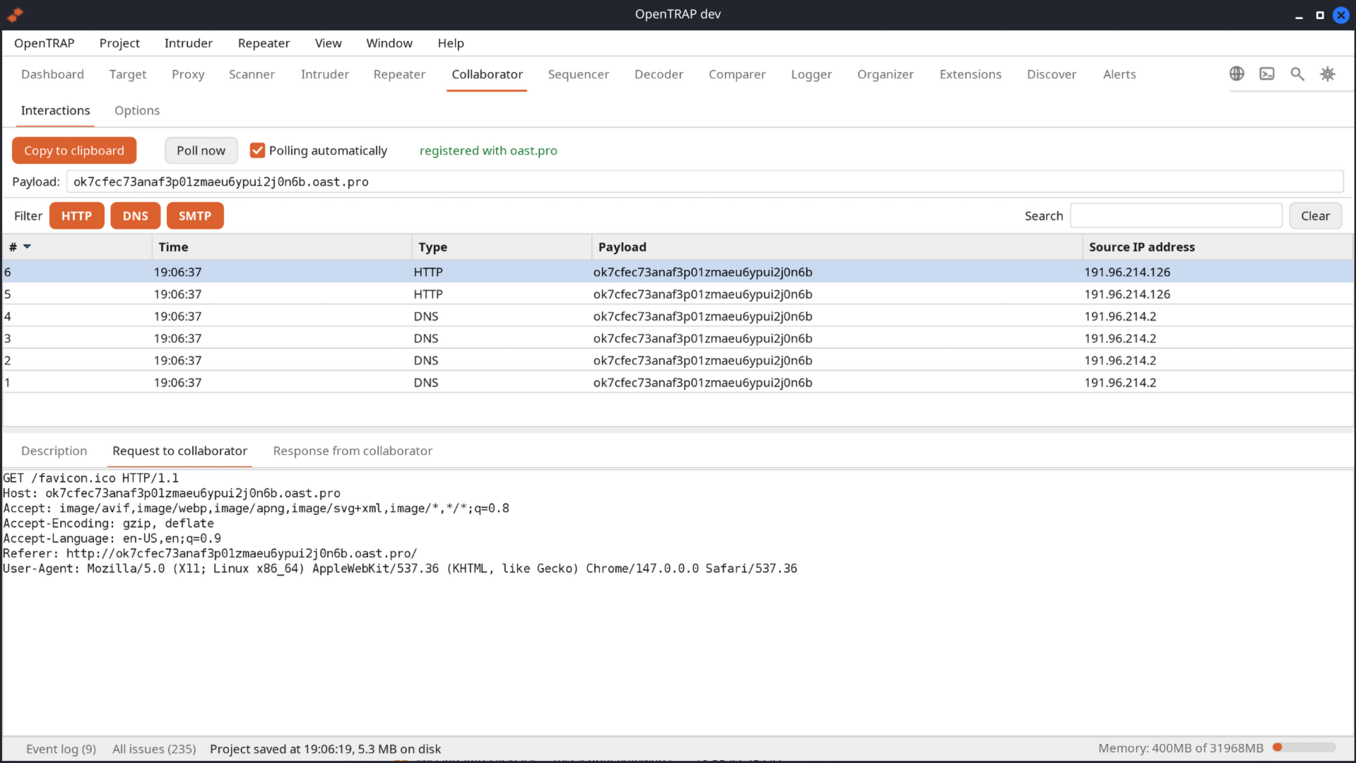 https://github.com/opentrap/opentrap/blob/HEAD/Collaborator tab listing captured out-of-band DNS and HTTP interactions with the request to the collaborator shown