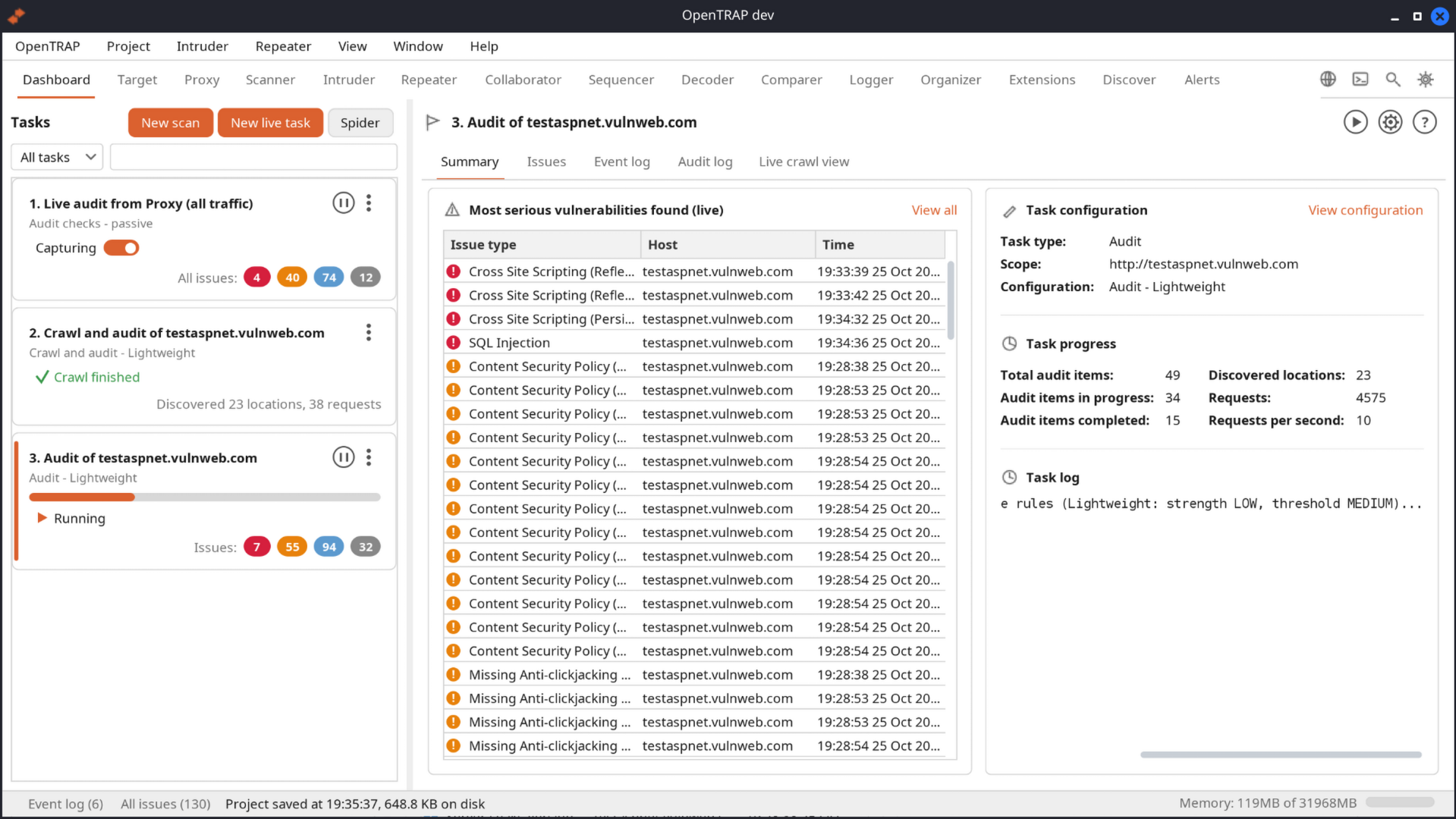 https://github.com/opentrap/opentrap/blob/HEAD/OpenTRAP dashboard with a crawl and an audit finished, their cards showing locations found and issues by severity, and the live table of the most serious vulnerabilities found