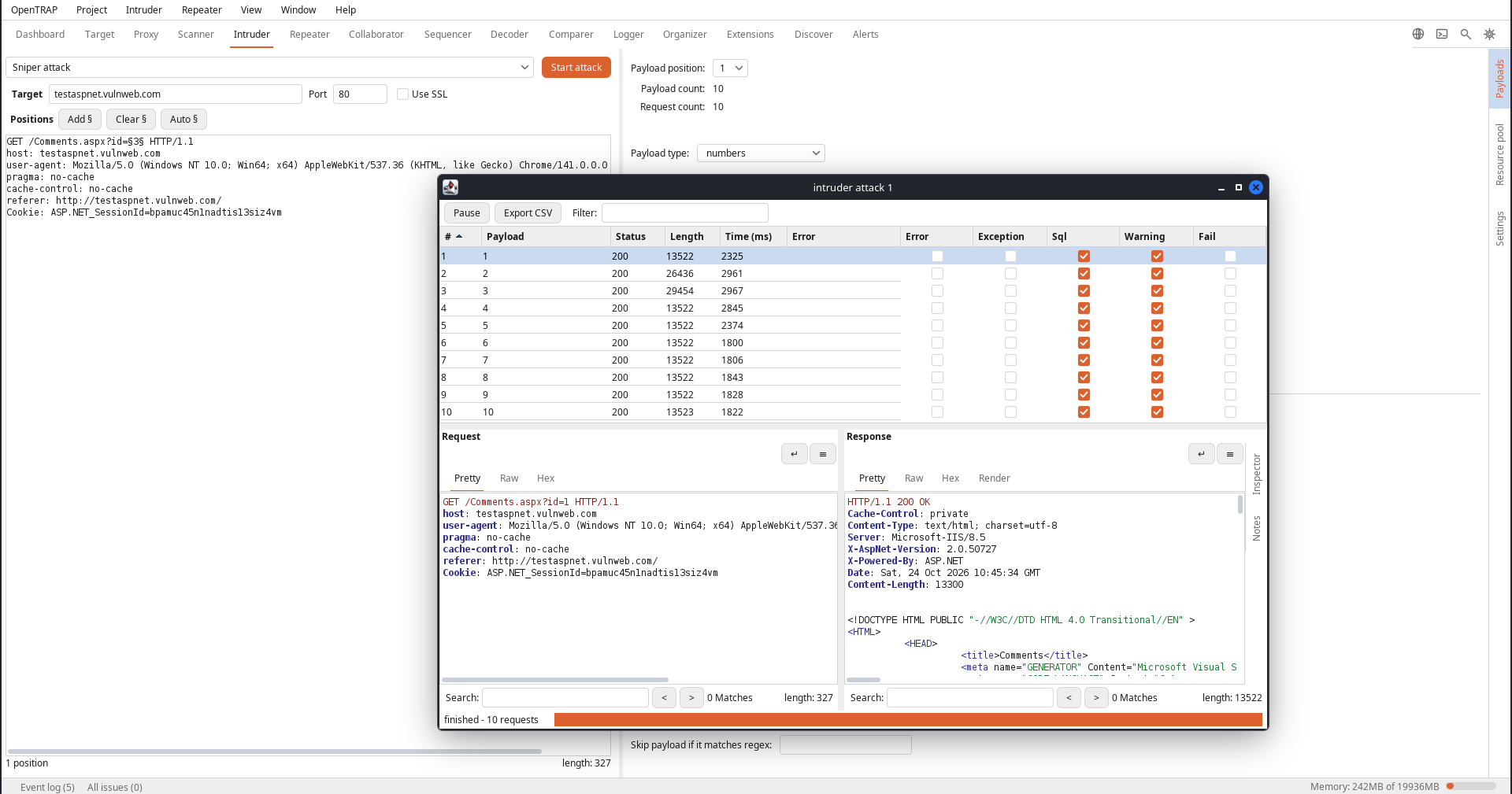 https://github.com/opentrap/opentrap/blob/HEAD/Intruder tab with a sniper attack finished, and the attack window listing payloads, status, length and timing