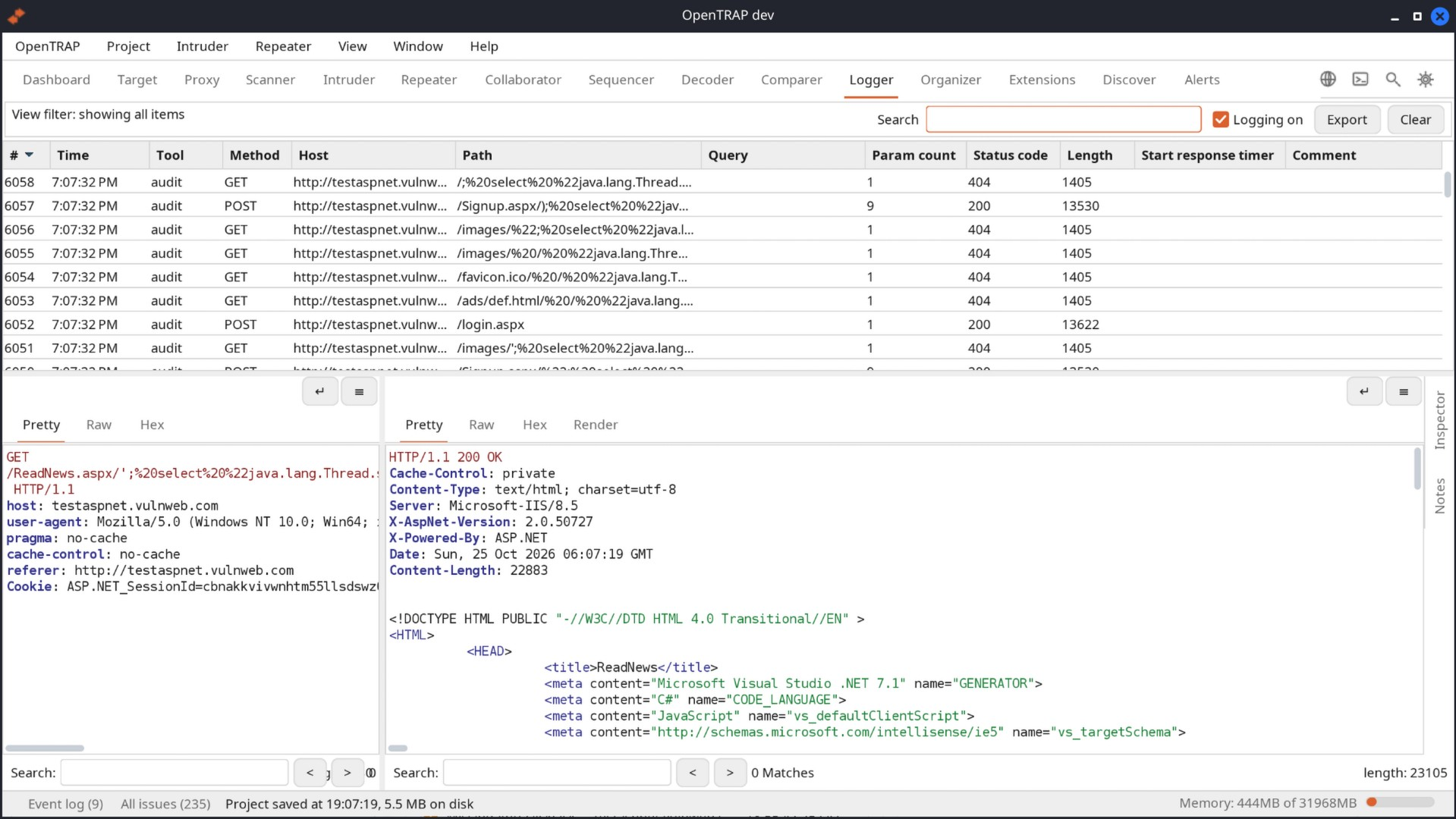 https://github.com/opentrap/opentrap/blob/HEAD/Logger tab with a filterable table of every request made by the crawl, with request and response viewers below
