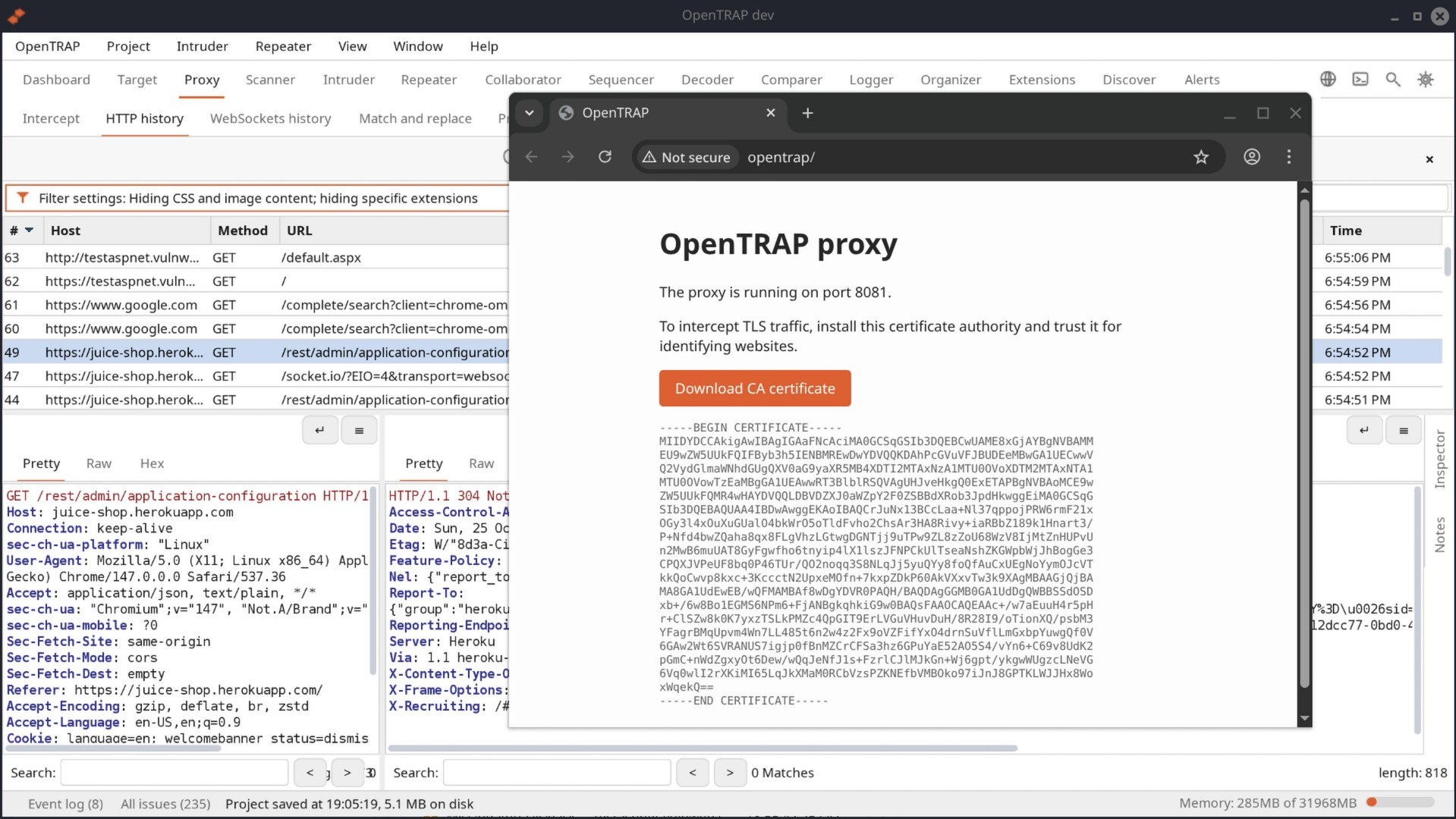 https://github.com/opentrap/opentrap/blob/HEAD/Proxy tab with interception, and the built-in Chromium browser opened from it, routed through the proxy and showing the certificate authority page
