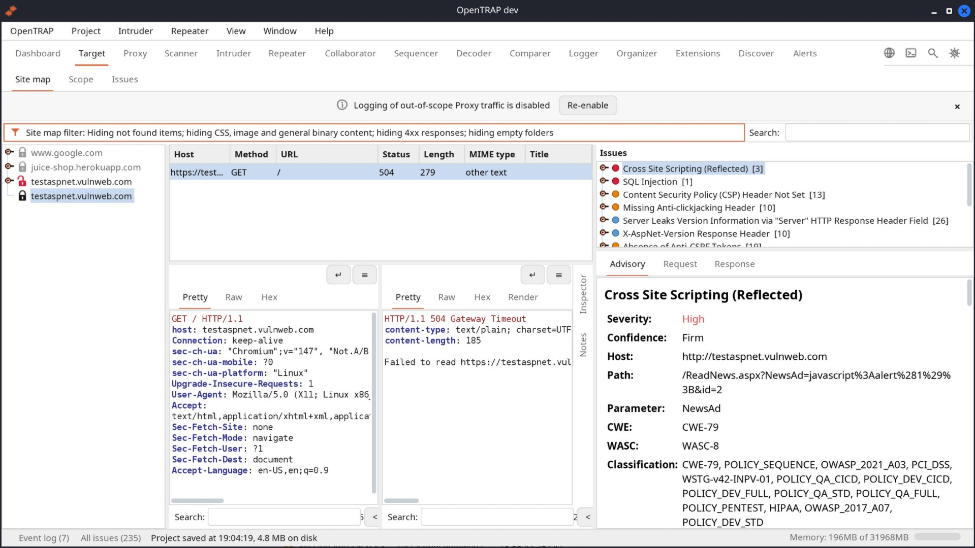 https://github.com/opentrap/opentrap/blob/HEAD/Target tab: site map tree, request list, and the issues found with a full advisory for a reflected cross-site scripting finding