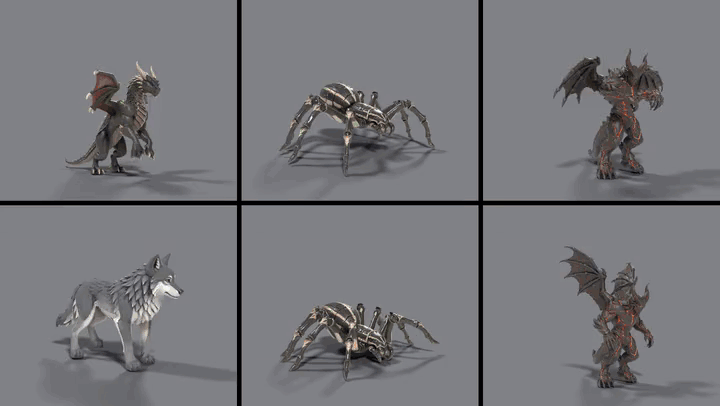 https://github.com/patch-gg/anymove/blob/HEAD/Six panels: a dragon, a giant spider, a fire demon and a wolf, all moving; then an AI video shows the dragon from the front and the side at once; every joint is found in both views; the two views stand up as walls and pin each joint in 3D; the rig lands on the points; a fire demon, a spider and a wolf move the same way.