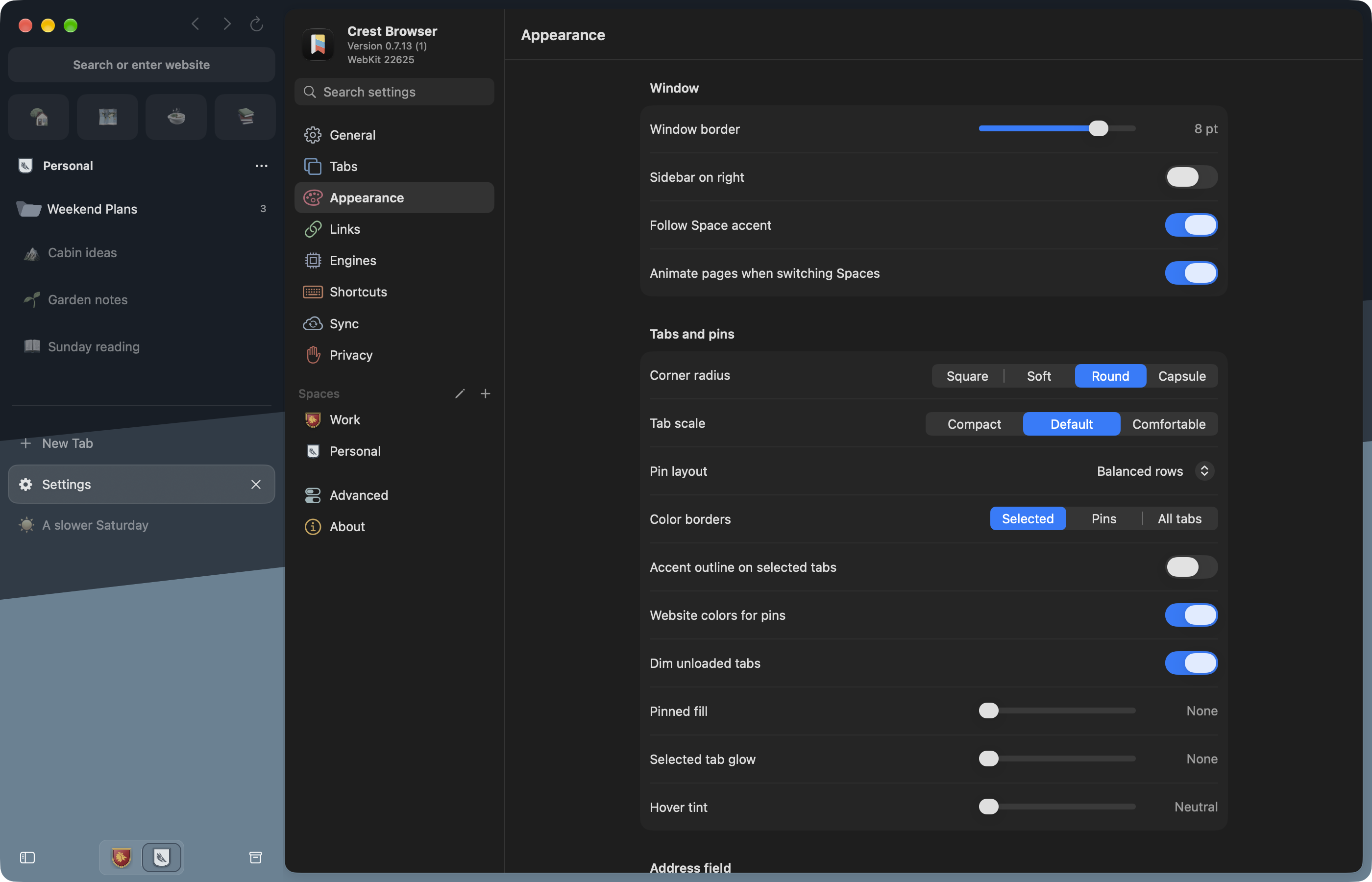 https://github.com/pauljoda/Crest/blob/HEAD/Appearance settings with window, accent, tab, and pin controls
