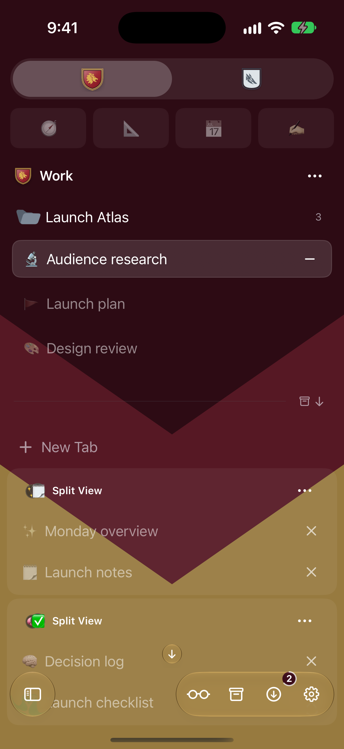 https://github.com/pauljoda/Crest/blob/HEAD/The same Spaces, Launch Atlas folder, and selected Audience research tab in the iPhone sidebar