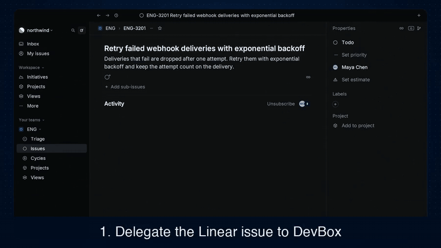 https://github.com/rudderlabs/devbox/blob/HEAD/DevBox demo: a Linear issue is delegated to DevBox, it reviews its own diff, opens draft pull requests in each repo, and pushes a fix after a review comment. Click to watch the full video on YouTube.