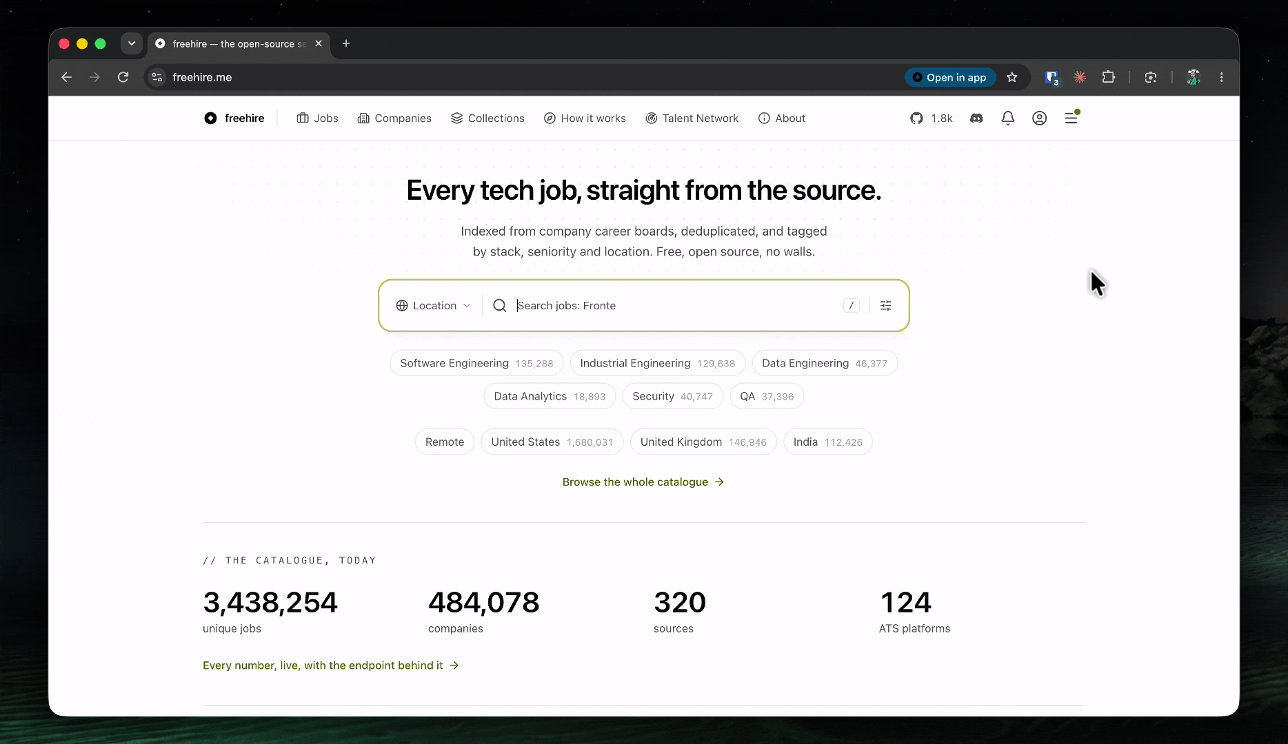 https://github.com/strelov1/freehire/blob/HEAD/freehire — faceted search narrowing 3.3M+ live postings by region, work format, specialization and seniority, each linking straight to the company's own careers page