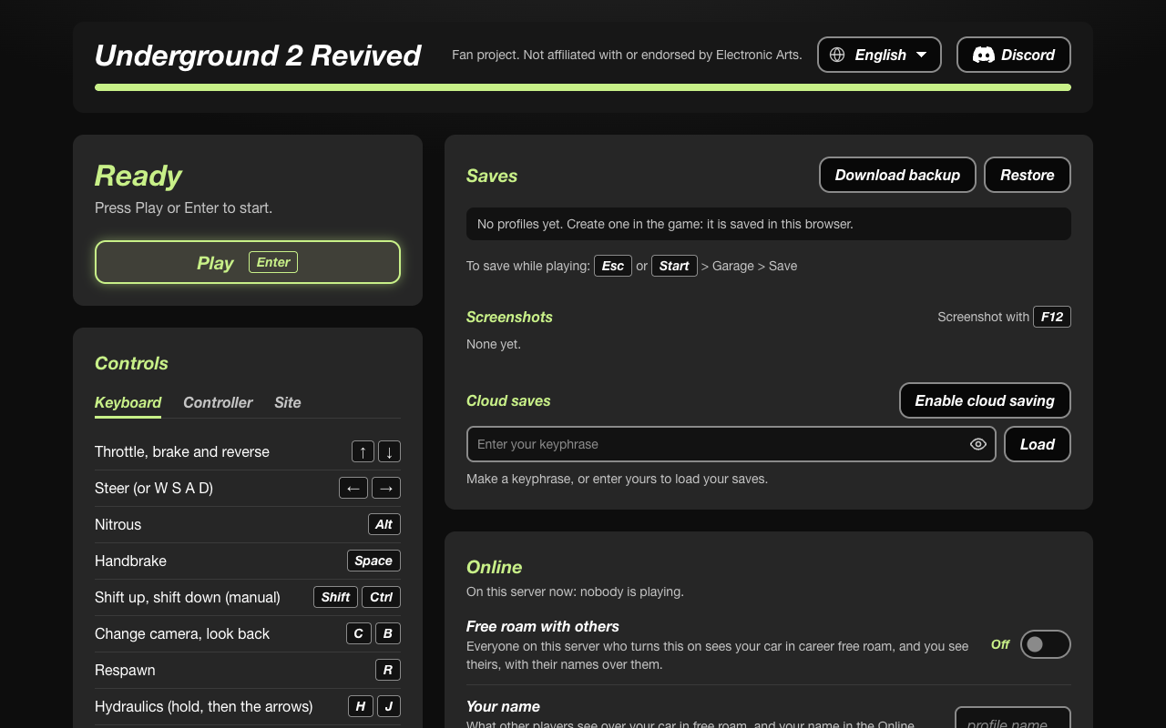 The start page: Play, the controls, your saves and Online