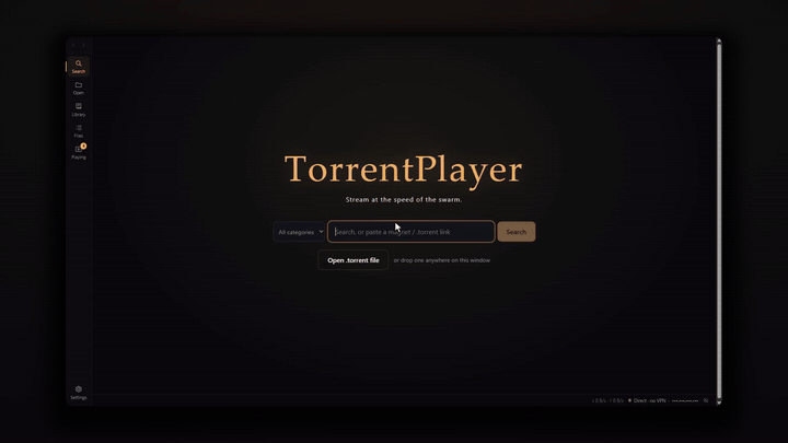 https://github.com/torrentplayer/torrentplayer/blob/HEAD/Demo at normal speed: searching for Sintel, pressing Play on the best pick, and skipping around while the queue downloads in the background