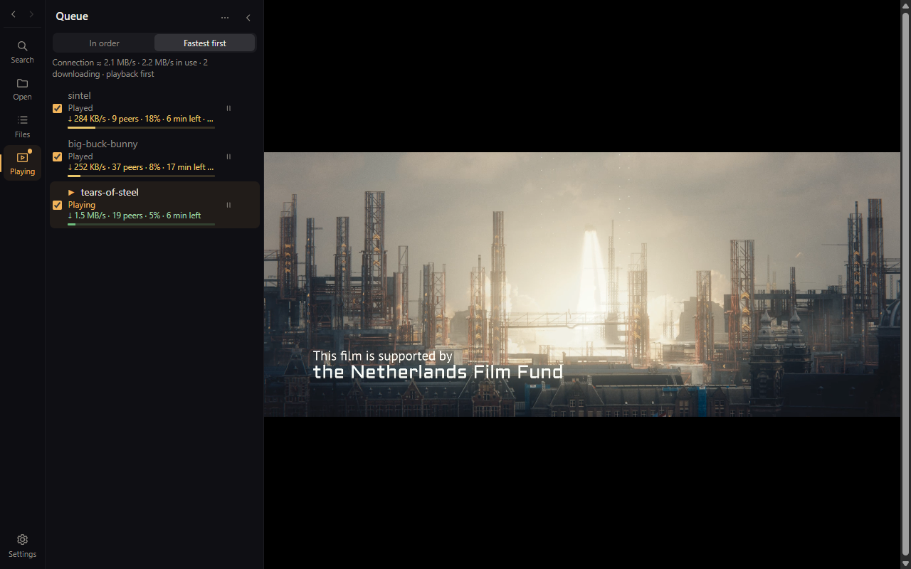 https://github.com/torrentplayer/torrentplayer/blob/HEAD/TorrentPlayer playing a film while the rest of the queue downloads in the background, each row showing its speed, peers, progress, and time left
