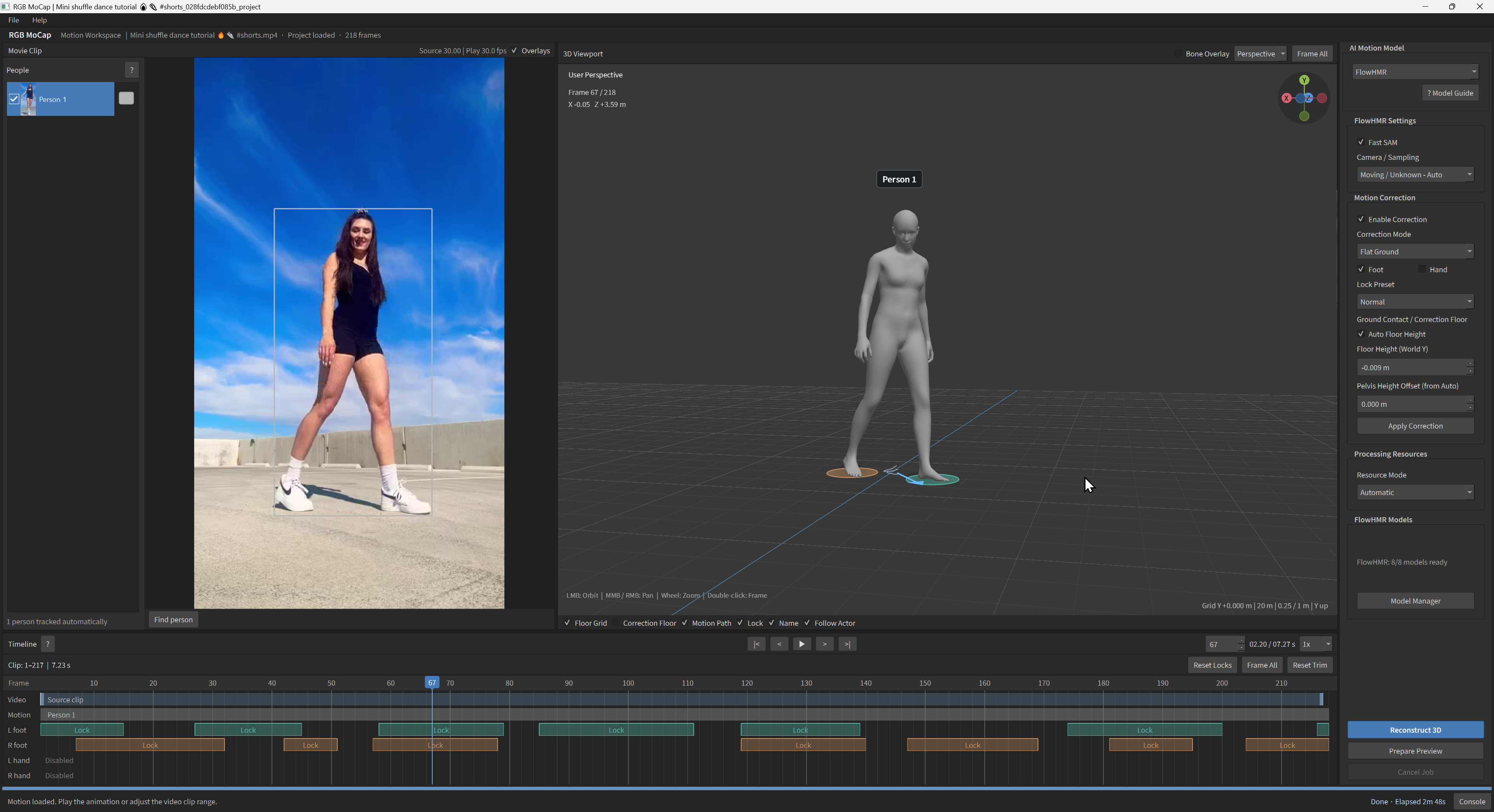 RGB MoCap workspace showing video tracking and a 3D motion preview