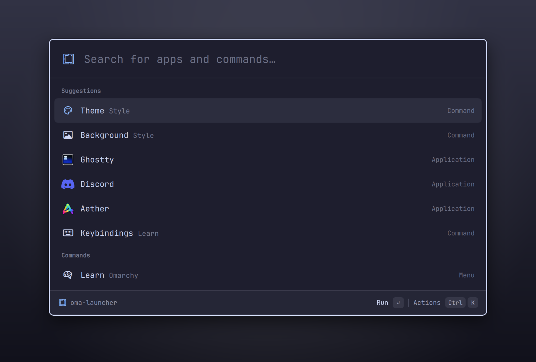 https://github.com/typecraft-dev/oma-cast/blob/HEAD/oma-cast showing suggestions for apps and Omarchy commands