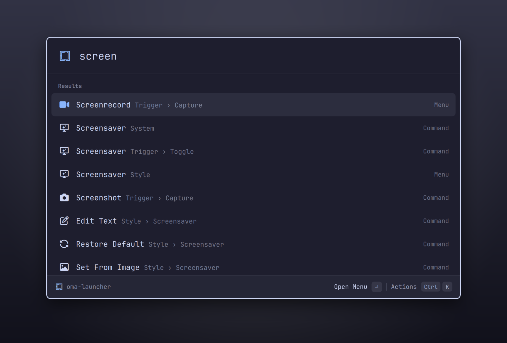 https://github.com/typecraft-dev/oma-cast/blob/HEAD/Searching 'screen' shows Omarchy actions with breadcrumbs